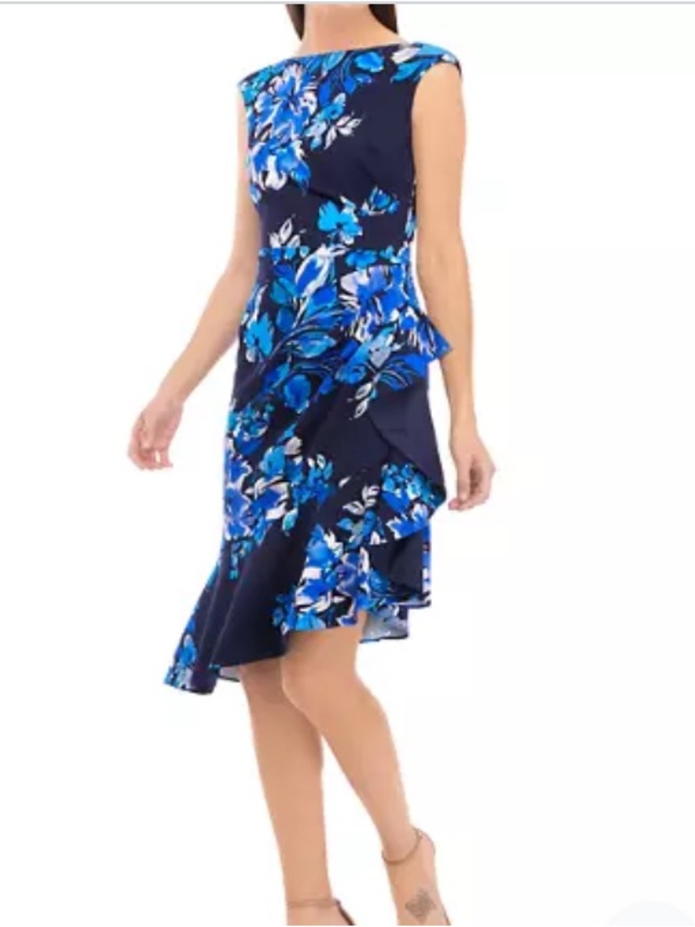 NWT Eliza J Navy Boat Neck Cascade Ruffle Sheath Dress Size 8